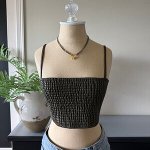 American Threads Dark Green Leather Effect Ruched Crop Tank Top Size M Glossy